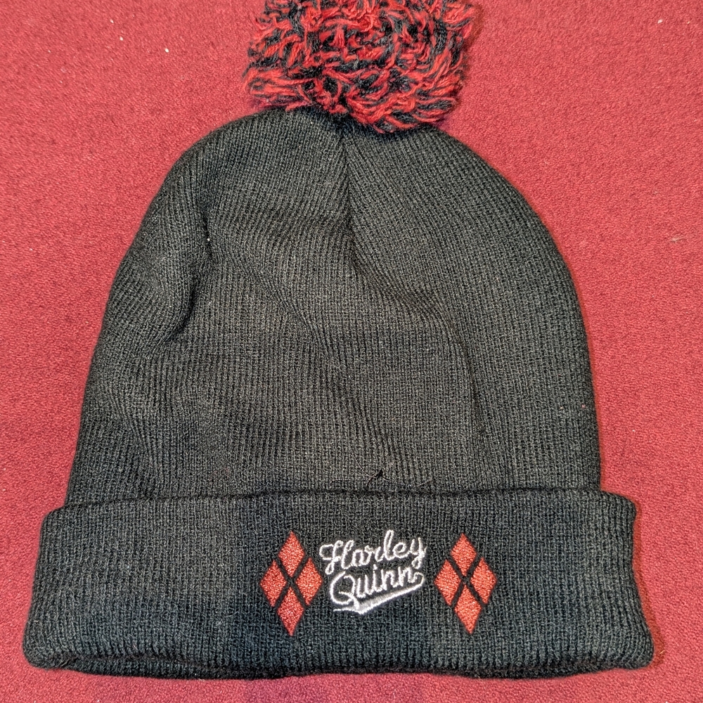 Harley Quinn Black Beanie with Red Pom